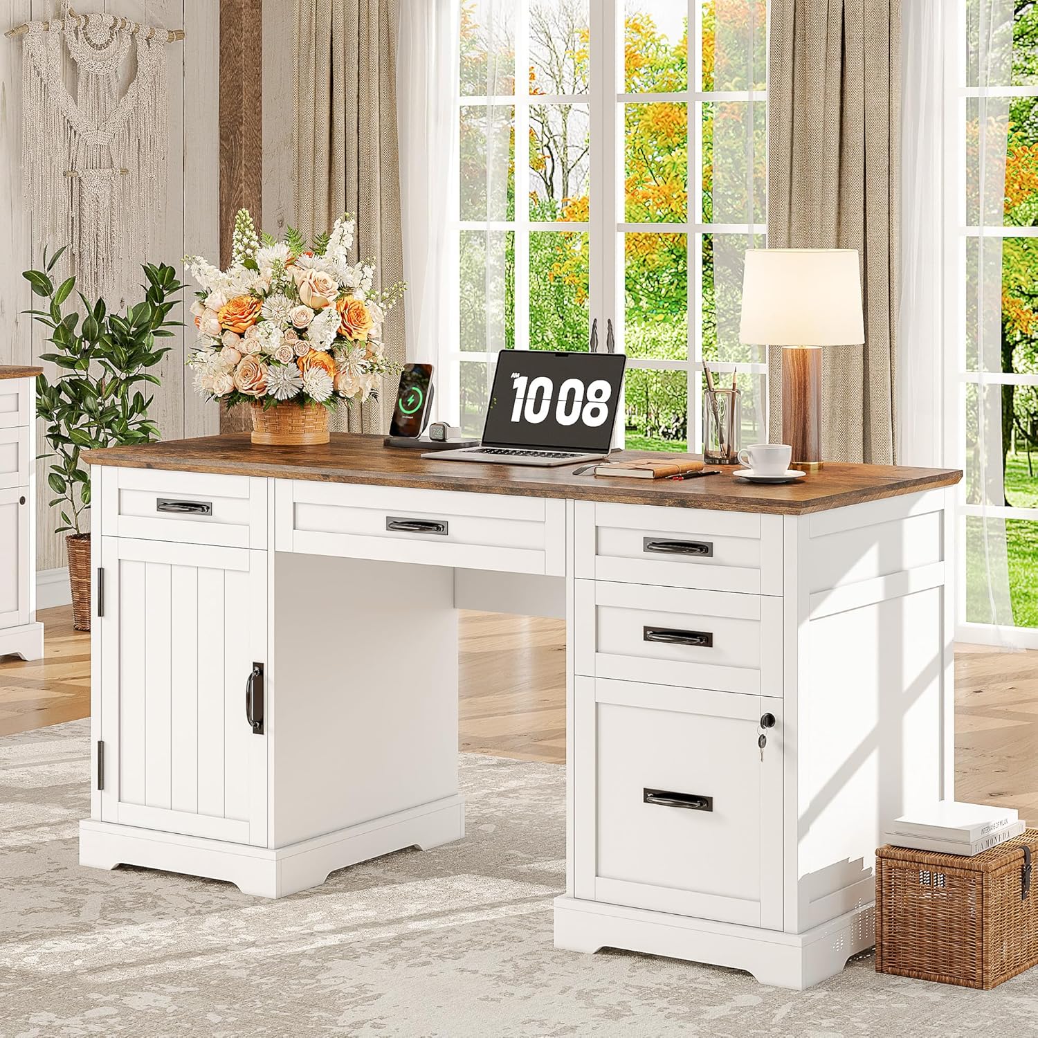 Drawer Pedestal Cabinet - 55'' Farmhouse Desk Home Office with