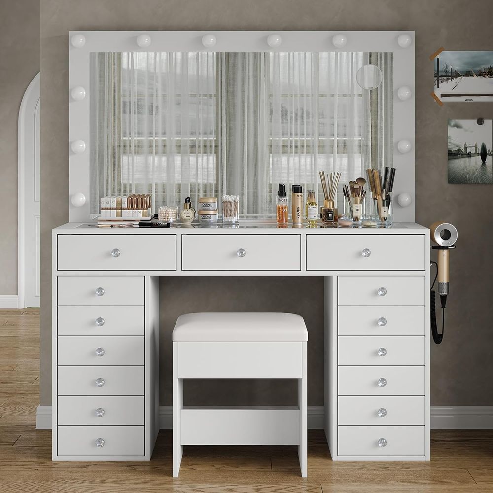 Desk Charging Station - 15 Drawer Vanity with Mirror and