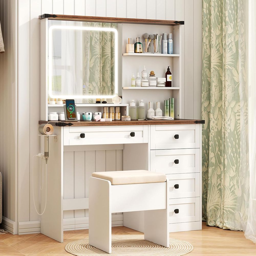 Desk Charging Station - Makeup Vanity Desk with Mirror, Lights,