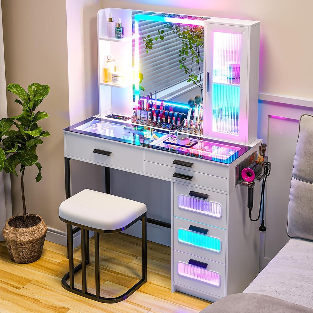 Desk Charging Station - LED-Illuminated Glass Top Makeup Vanity Desk