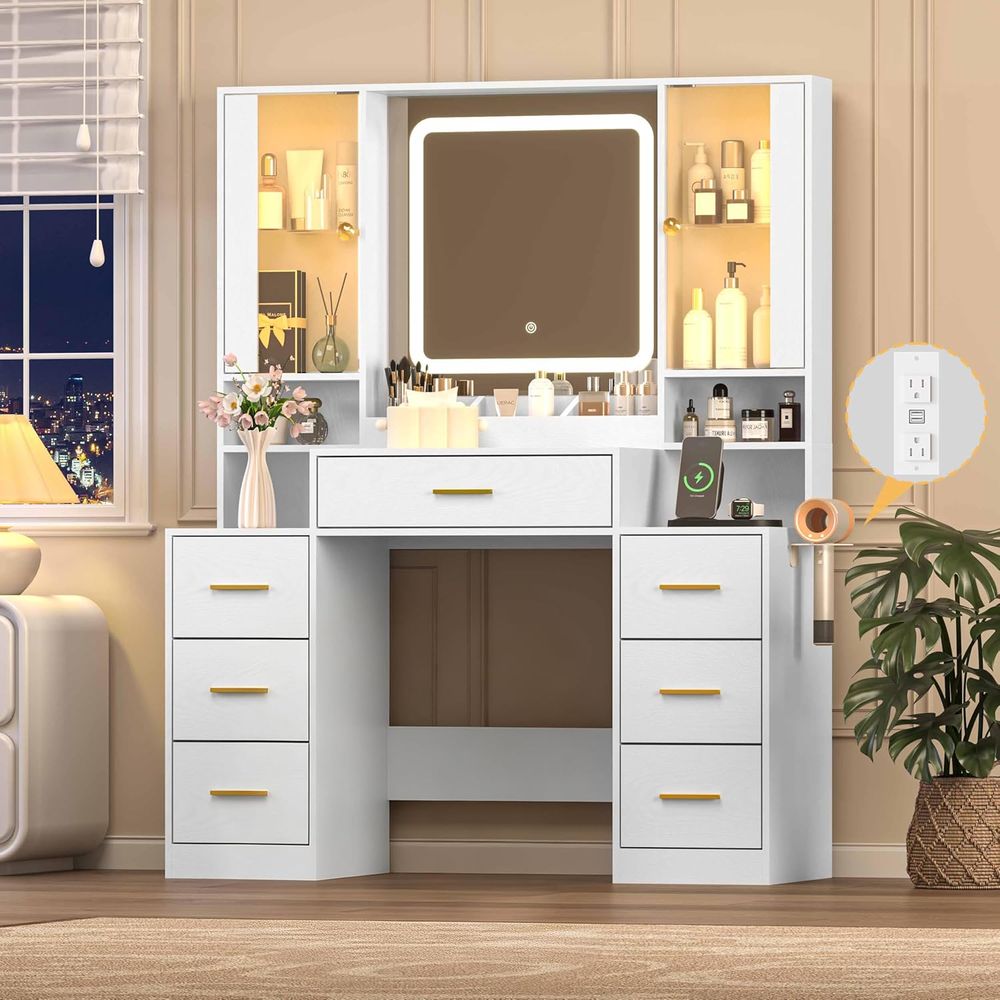 White Makeup Vanity Desk with  – Desk Charging Station recenzja i cena