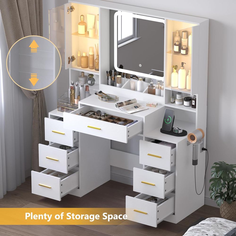 White Makeup Vanity Desk with  – Desk Charging Station recenzja i cena