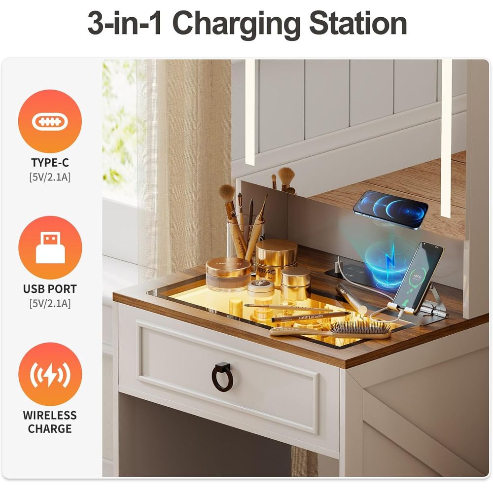 White Compact Makeup Vanity De – Desk Charging Station recenzja i cena