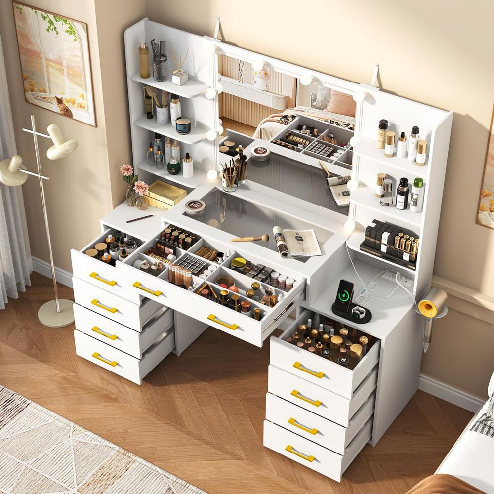 55 Glass Top Vanity Desk with  – Desk Charging Station recenzja i cena