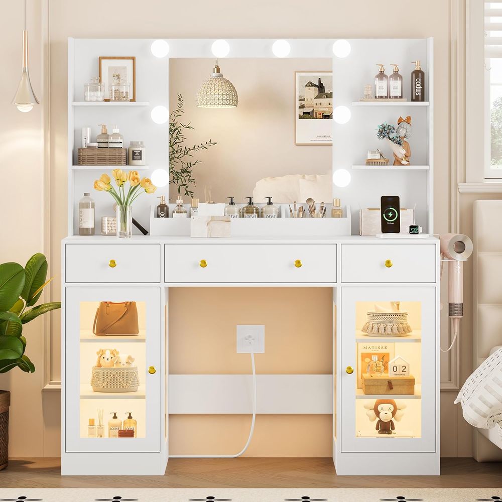 LED-Lit Makeup Vanity Desk wit – Desk Charging Station recenzja i cena