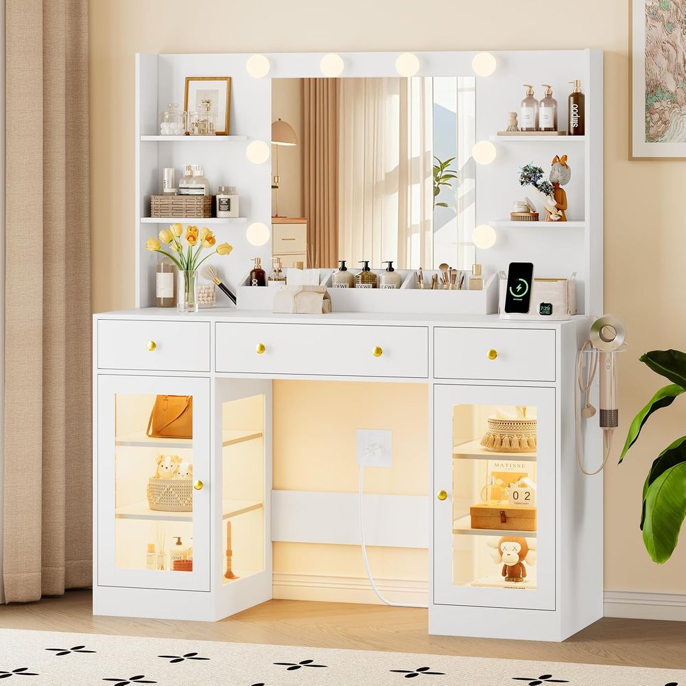 LED-Lit Makeup Vanity Desk wit – Desk Charging Station recenzja i cena