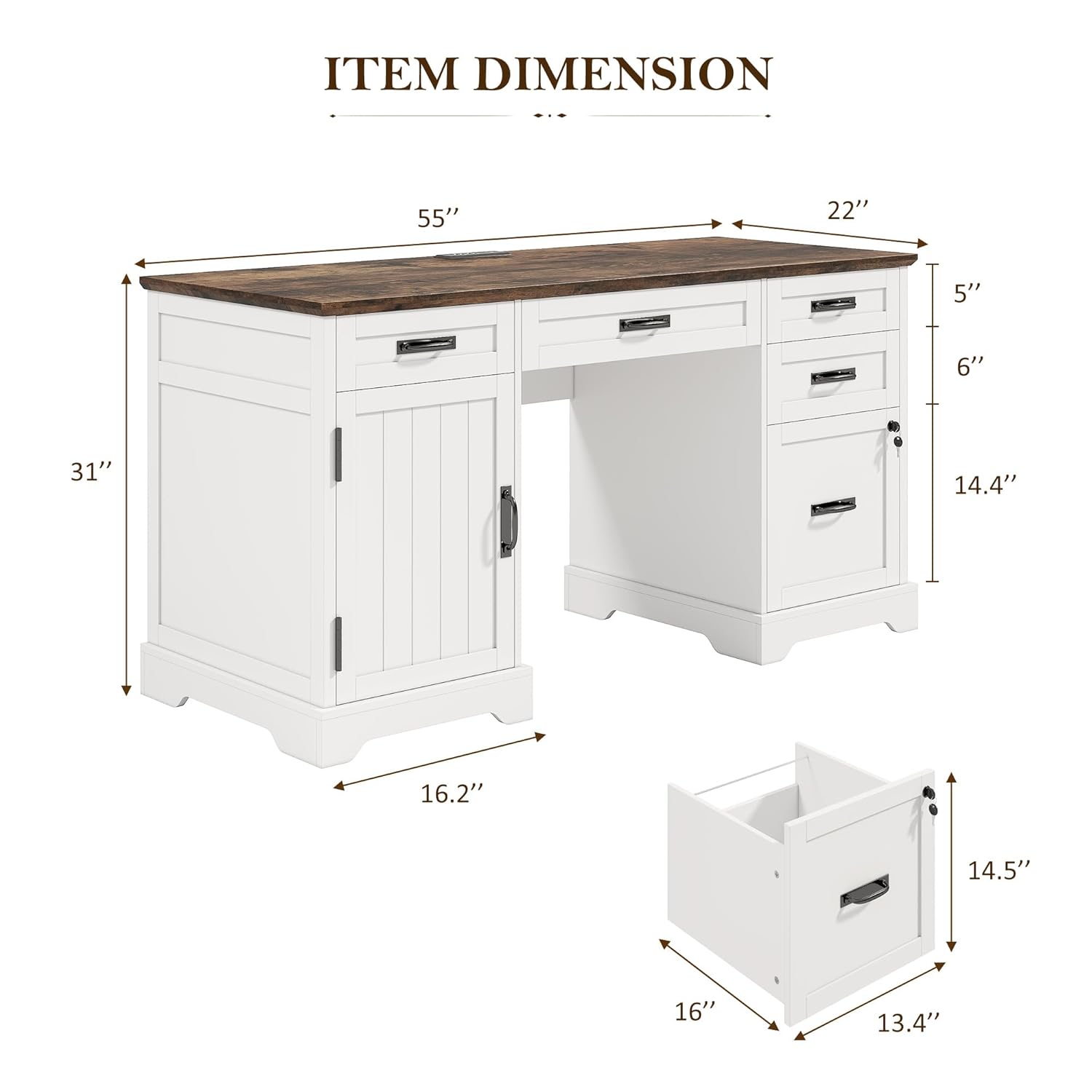 55'' Farmhouse Desk Home Offic – Drawer Pedestal Cabinet recenzja i cena