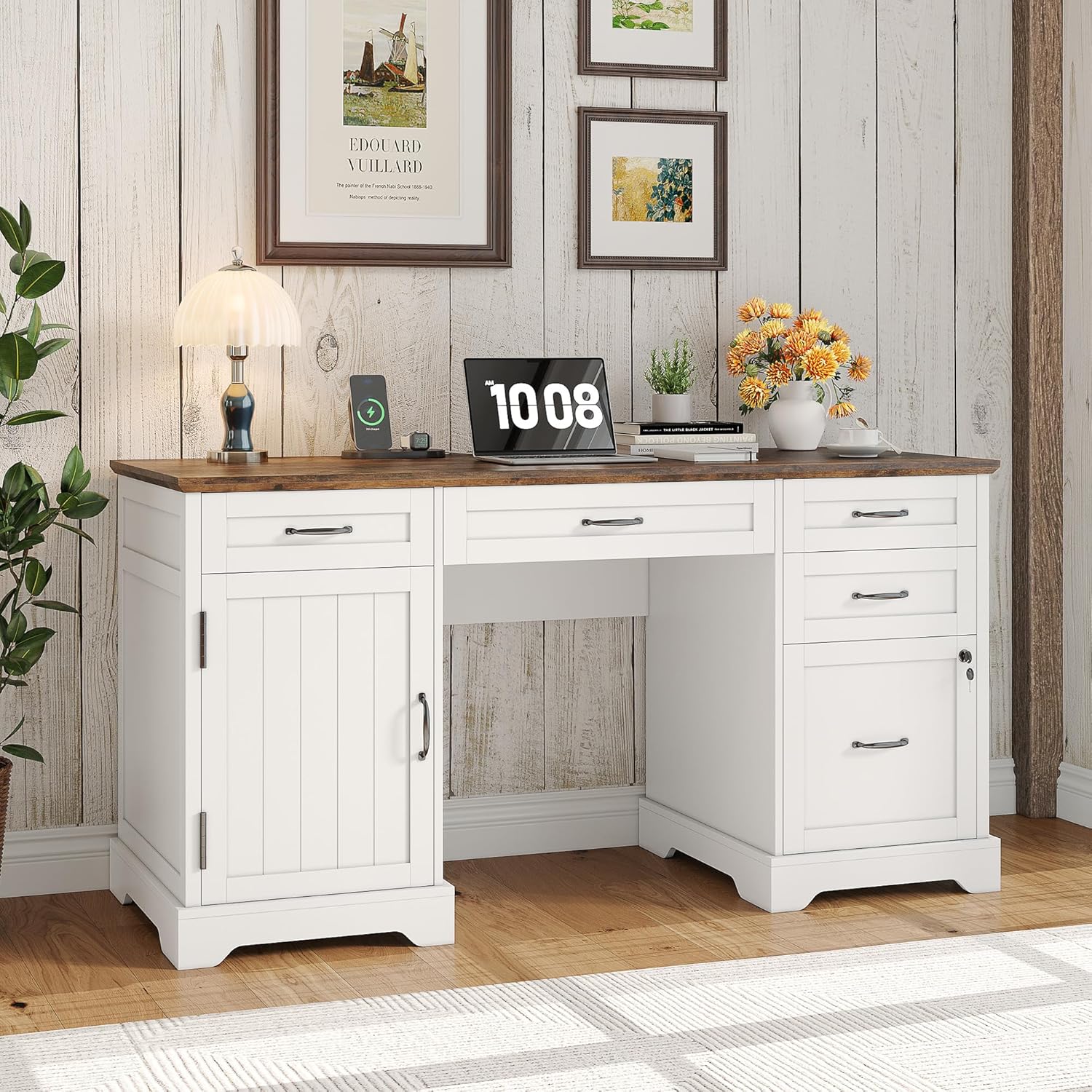 55'' Farmhouse Desk Home Offic – Drawer Pedestal Cabinet recenzja i cena