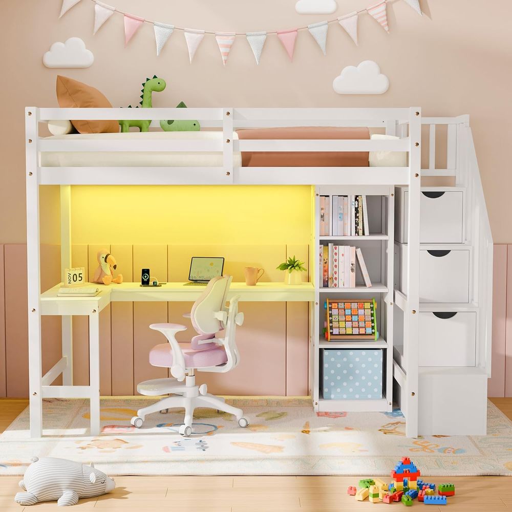 Twin Lot Bed with Stairs, Desk – Desk Charging Station recenzja i cena