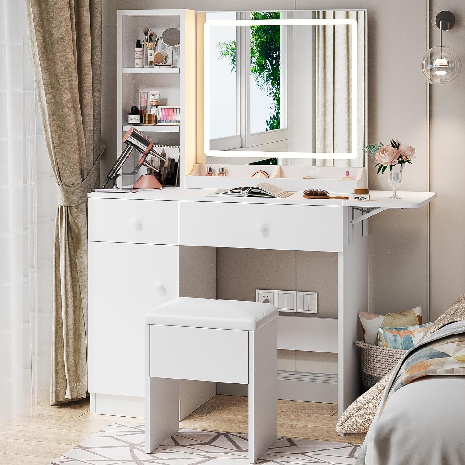 White Vanity Desk with Mirror  – Desk Charging Station recenzja i cena