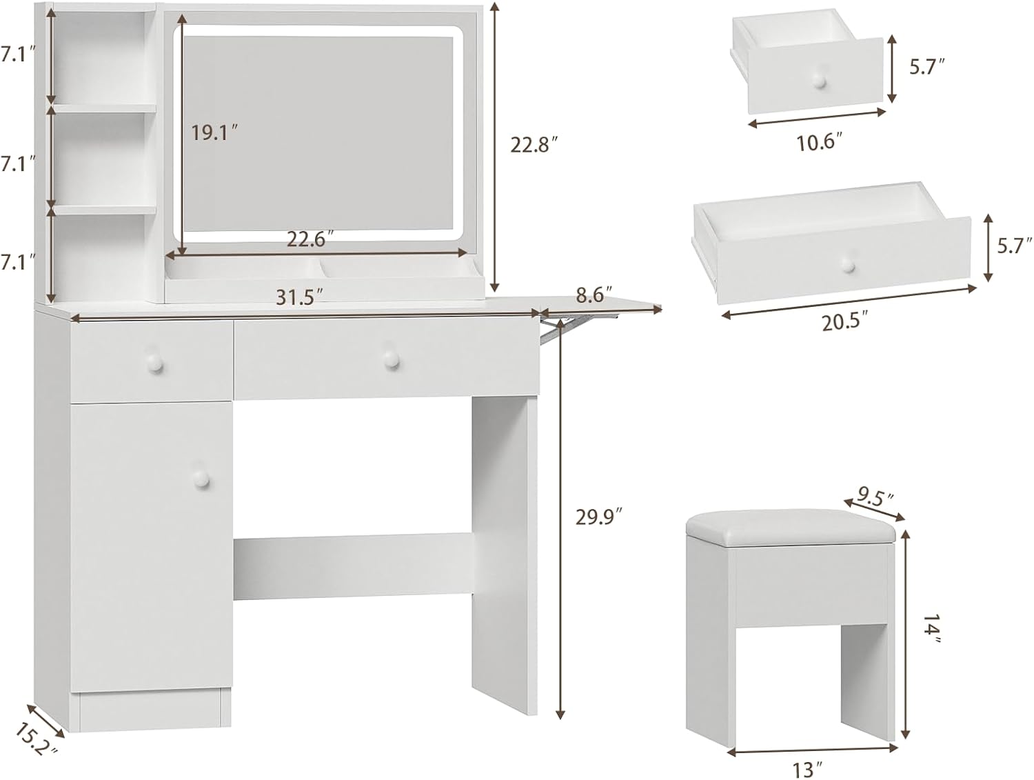 White Vanity Desk with Mirror  – Desk Charging Station recenzja i cena